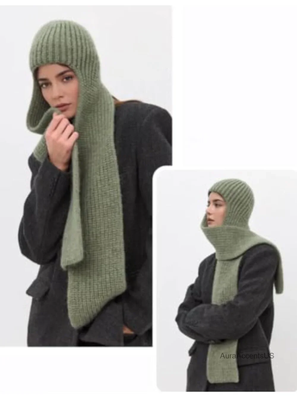 Fuzzy Knit Balaclava 2 in 1 Hooded Scarf Winter Beanie Hat for Women